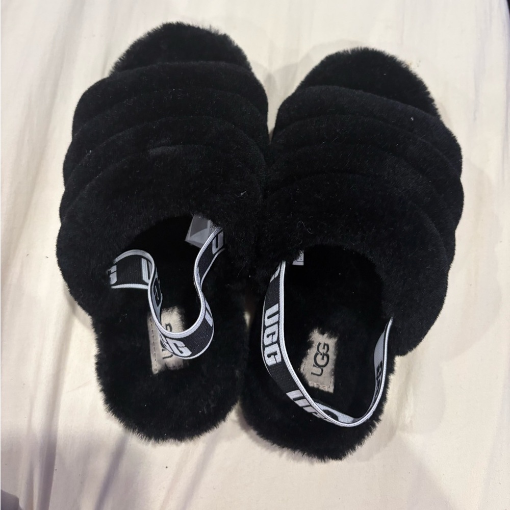 UGG Kids Black Fuzzy Slippers
